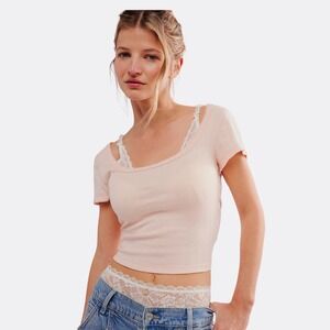 Free People End Game Pointelle Baby Tee Peach Ribbed Cropped NWT Size L
